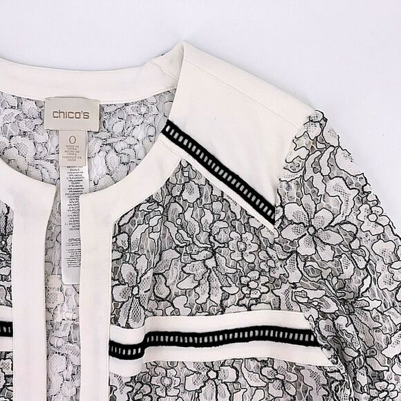 Chicos Floral Lace White Black Open Front Sheer Jacket Womens Size Small 0 - Picture 2 of 5